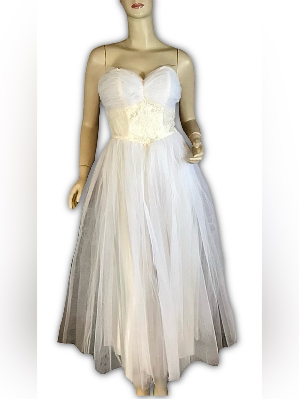 VINTAGE 1950'S CORRINE ORIGINALS WHITE & CREAM TULLE & LACE PARTY DRESS (S)